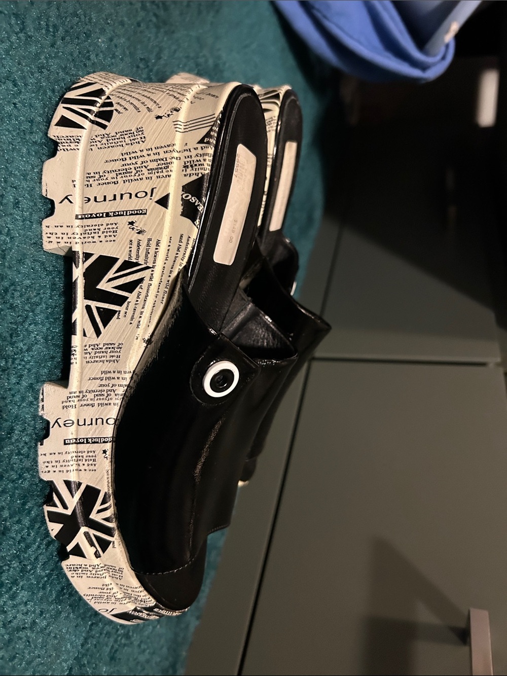 Zara Black Patent Slip-On Mules with Printed White Graphic Platform